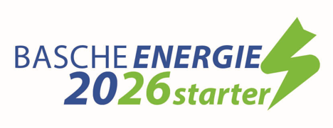 Basche Energie 2026 Starter logo: blue 'Basche Energie', green '2026 starter', with a large green lightning bolt on the right.