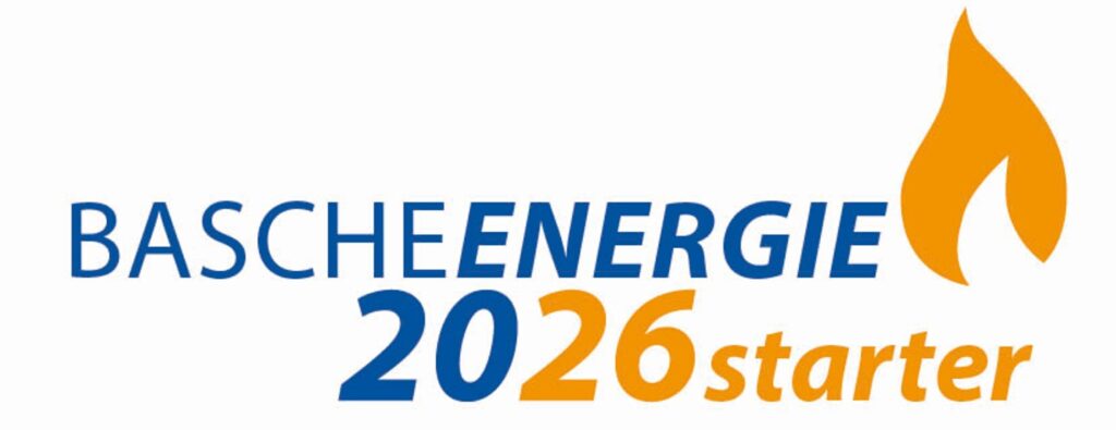 Logo for Baschenergie 2026 Starter with blue text and an orange flame icon on the right.